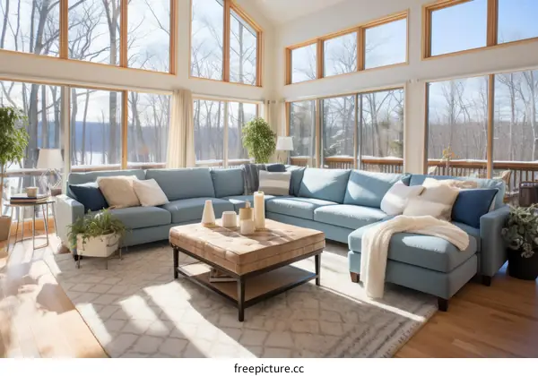 Modern Living Room with Oversized Windows and Plush Blue Sofa