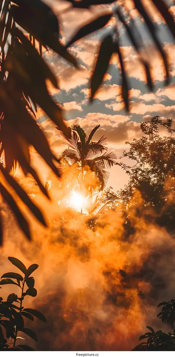 Tropical Sunset Through Leaves
