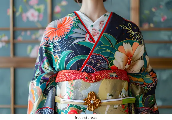 A woman wearing a kimono with a floral pattern