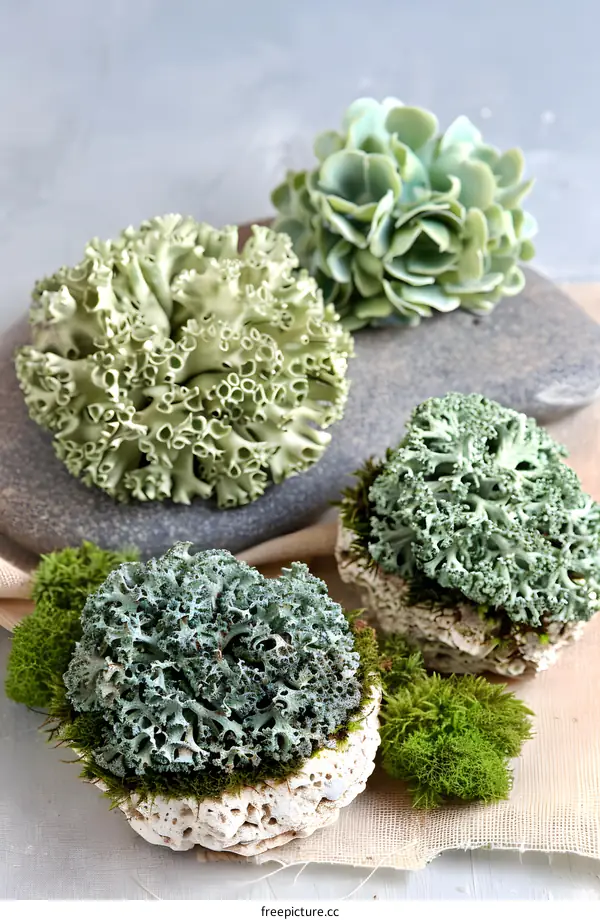 Green Succulents and Moss on Rocks and Linen