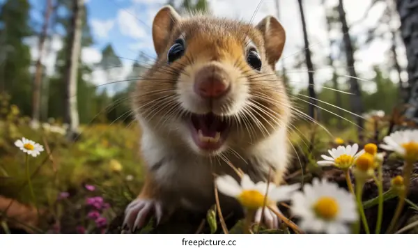 Close-up of a smiling chipmunk in a field of daisies