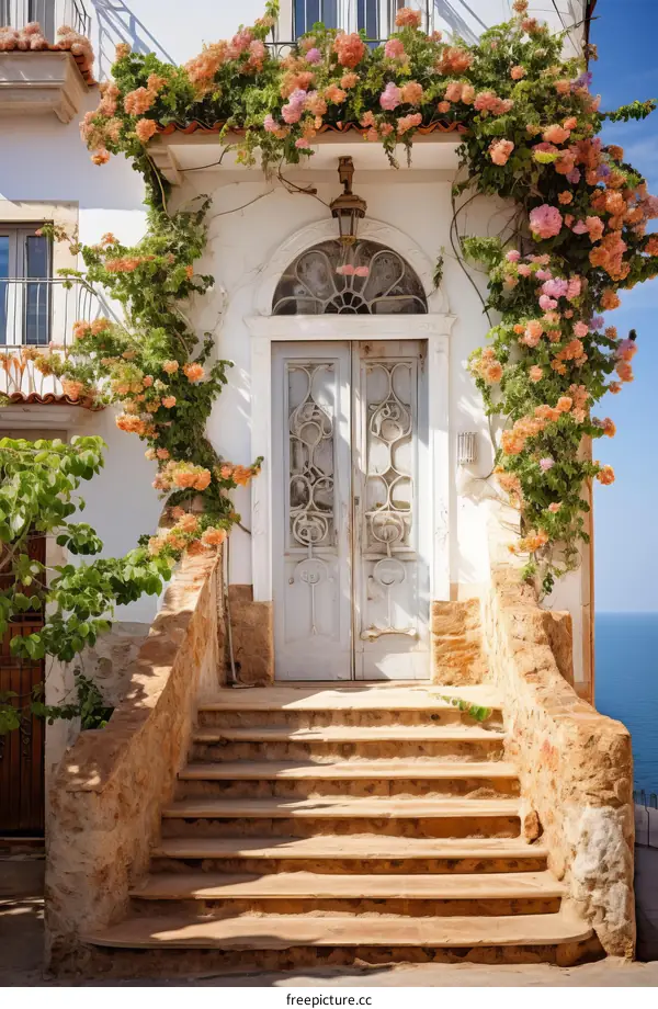 A beautiful Mediterranean house with a bougainvillea-covered entrance
