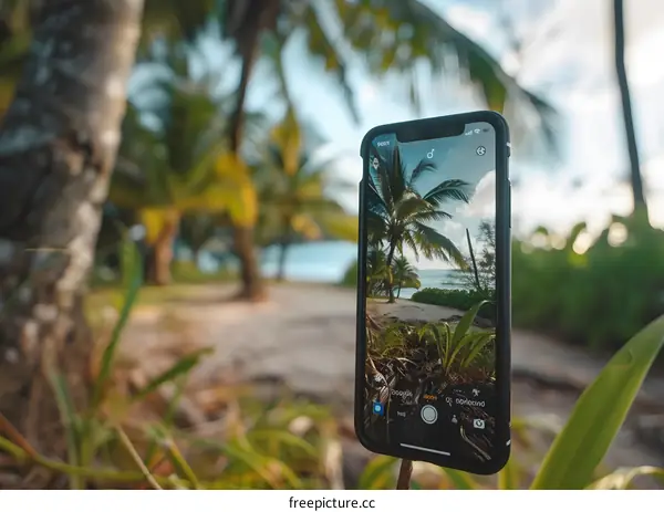 Close Up Photo of a Phone Taking a Picture of a Tropical Beach Scene