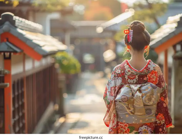 A woman wearing a kimono is walking down a street in Japan