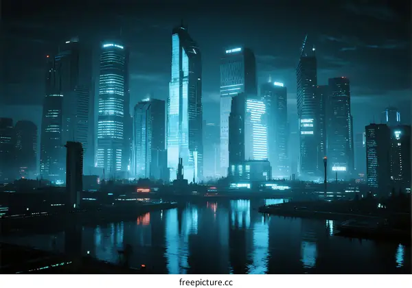 Futuristic Cityscape with Tall Skyscrapers and Reflective Water Surface