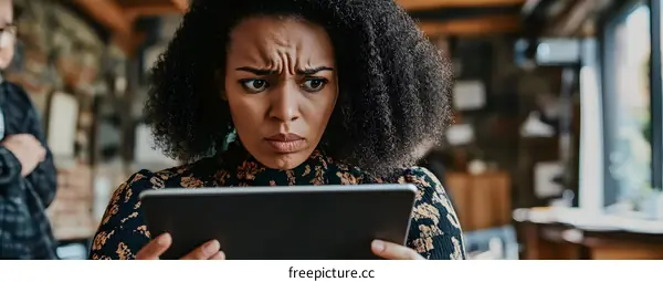 Young Black Woman Staring at Tablet in Surprise