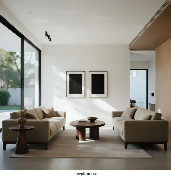 Modern Minimalist Living Room with Large Glass Windows and Neutral Decor