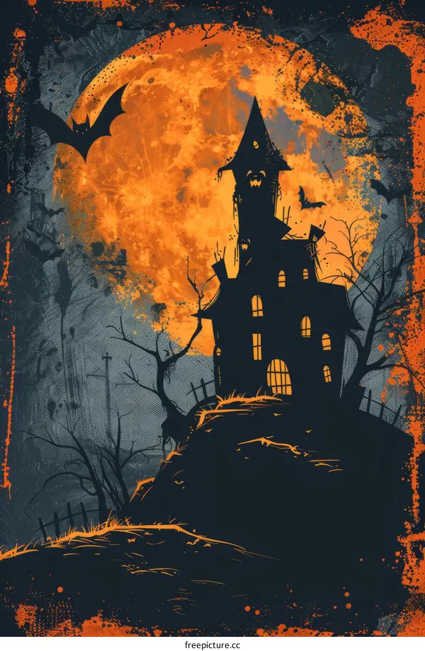 Haunted house on a hill with bats flying around under a full moon
