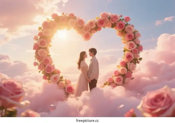 A couple standing under a heart-shaped flower arch in the sky