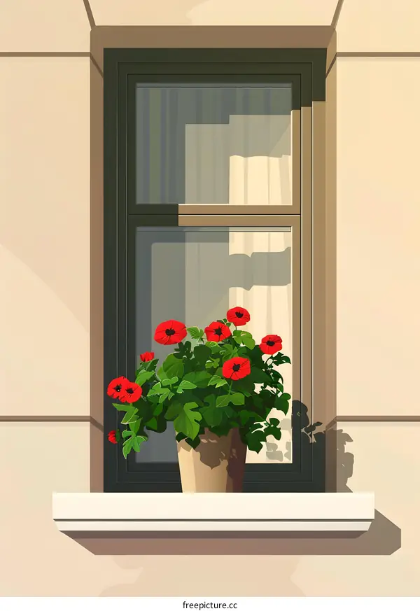 Window With Red Flowers In Pot