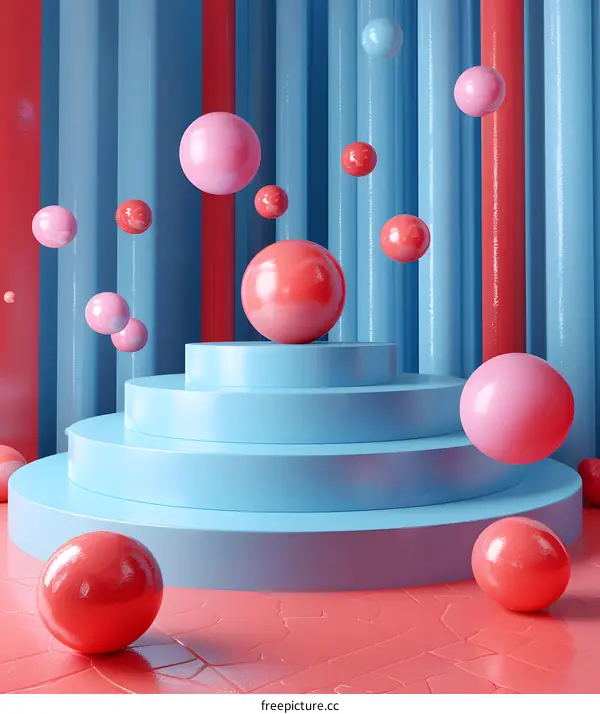 Pink and blue podium with pink and blue balls