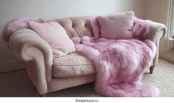 Pink Faux Fur Throw on a Light Pink Sofa