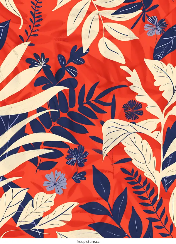 Seamless Pattern with Blue and White Tropical Plants on Red Background