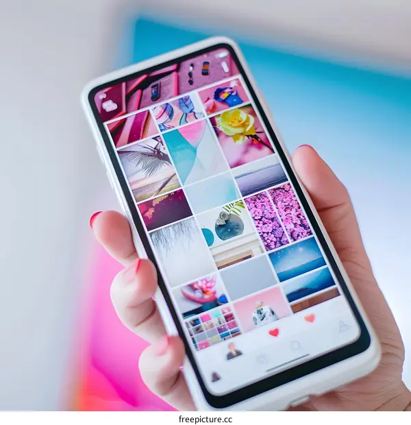 Hand Holding Smartphone Displaying Photo Gallery App