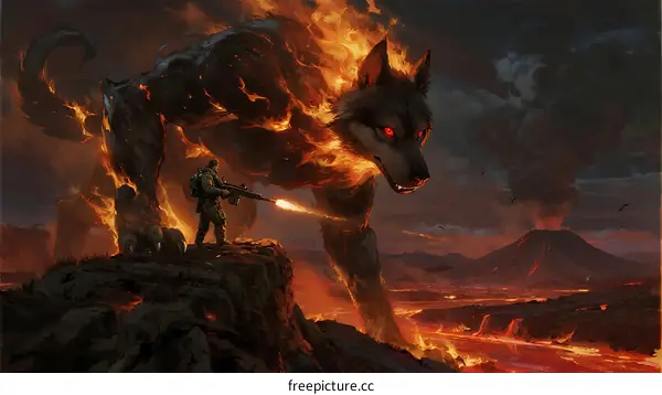 Fierce Flaming Wolf Creature Facing Off Against Standing Soldier