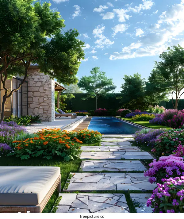 Sunbathing by the pool in the garden