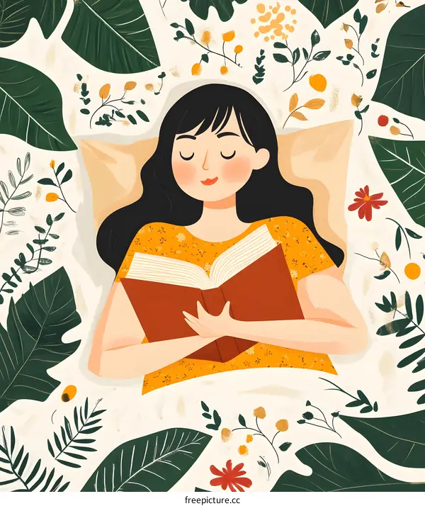 Woman Reading Book in Bed with Floral Illustration