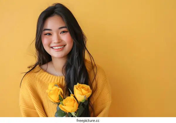 Happy Asian Woman Holding Yellow Roses Against Yellow Background