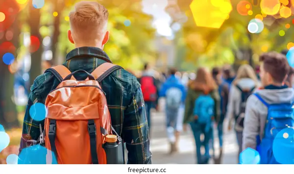 Man with Backpack Walking in a Crowd of People