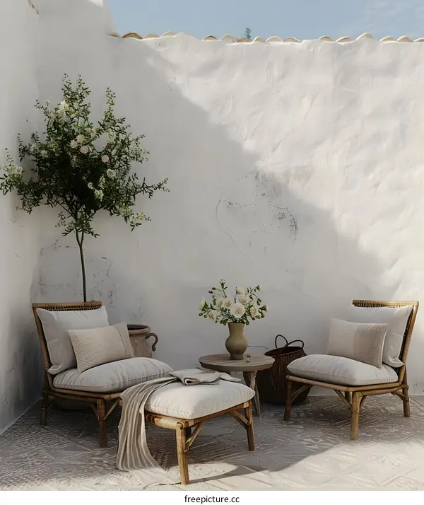 White Wall Patio With Chairs And Flowers