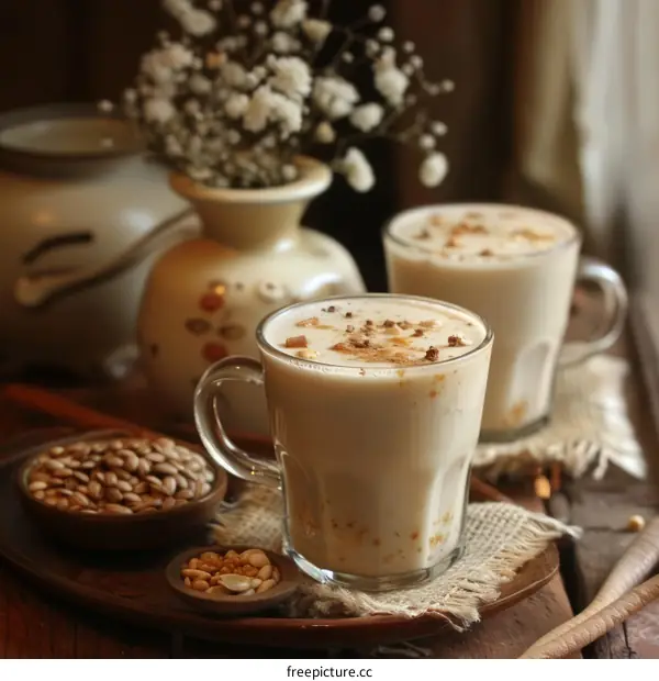 Two glasses of horchata on a wooden table