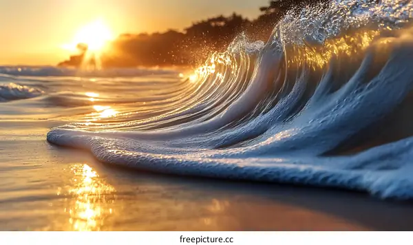 Golden Sunset Wave Crashing on the Beach
