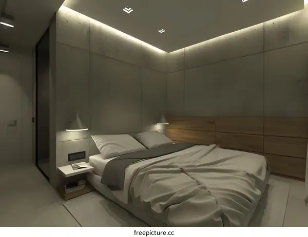 Modern Concrete Bedroom Interior Design with Wooden Headboard and Pendant Lights