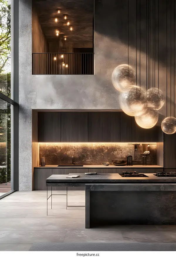 Modern Kitchen Interior Design with Large Windows and Pendant Lights