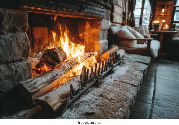 Cozy Winter Fireplace with Burning Logs