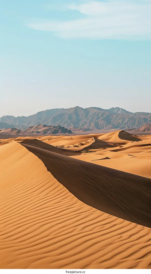 Desert Sand Dunes and Mountains under Blue Sky