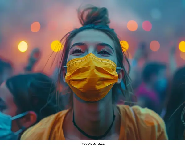 Close-up portrait of a young woman wearing a yellow mask