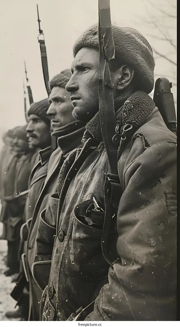 A group of soldiers in winter gear standing in a row.