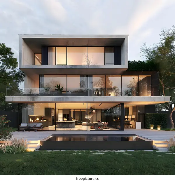 Modern House With Swimming Pool And Backyard