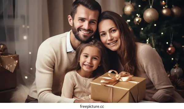 Happy family of three celebrating Christmas