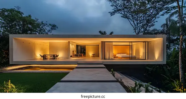 Modern Minimalist Concrete House with Large Windows and Outdoor Patio