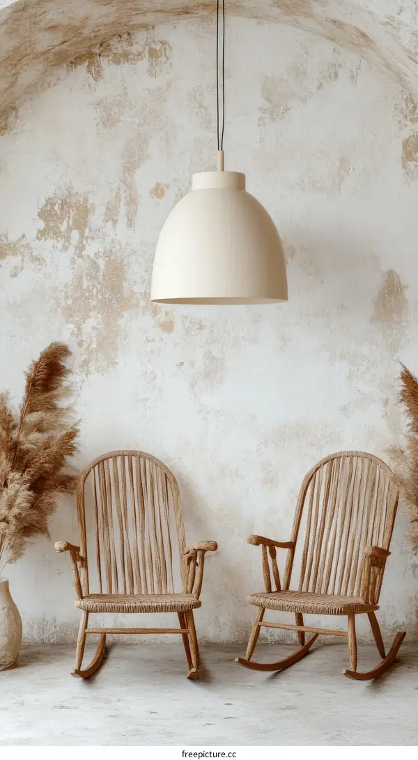 Two Rustic Wooden Rocking Chairs in a Boho Style Room
