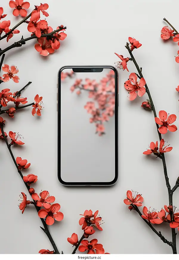 Smartphone with Pink Flowers on White Background