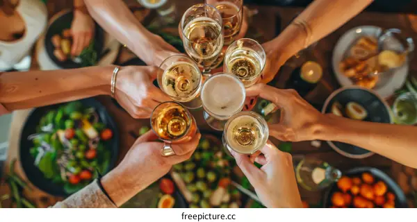 Friends toasting with champagne glasses at a dinner party