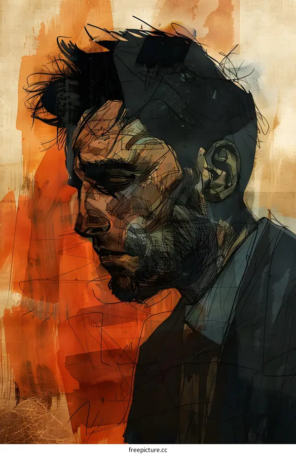 man with black hair and beard looking down