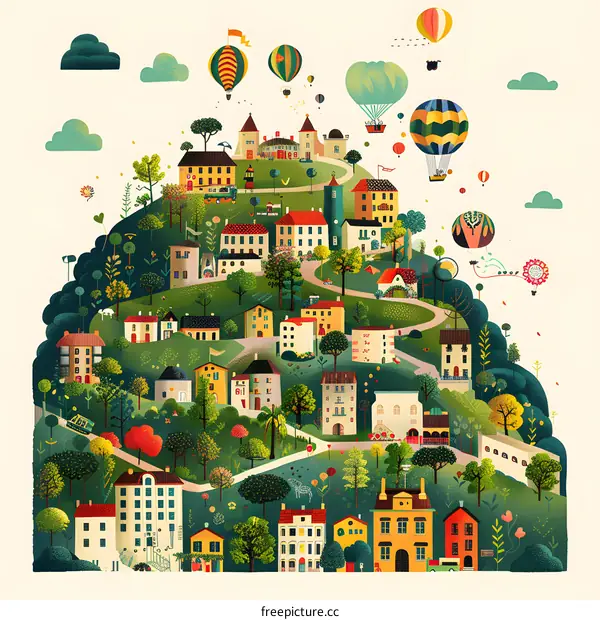 Colorful Illustration of a Small Town on a Hill