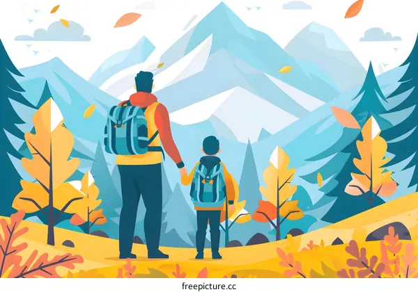 Father and Son Hiking in Mountains