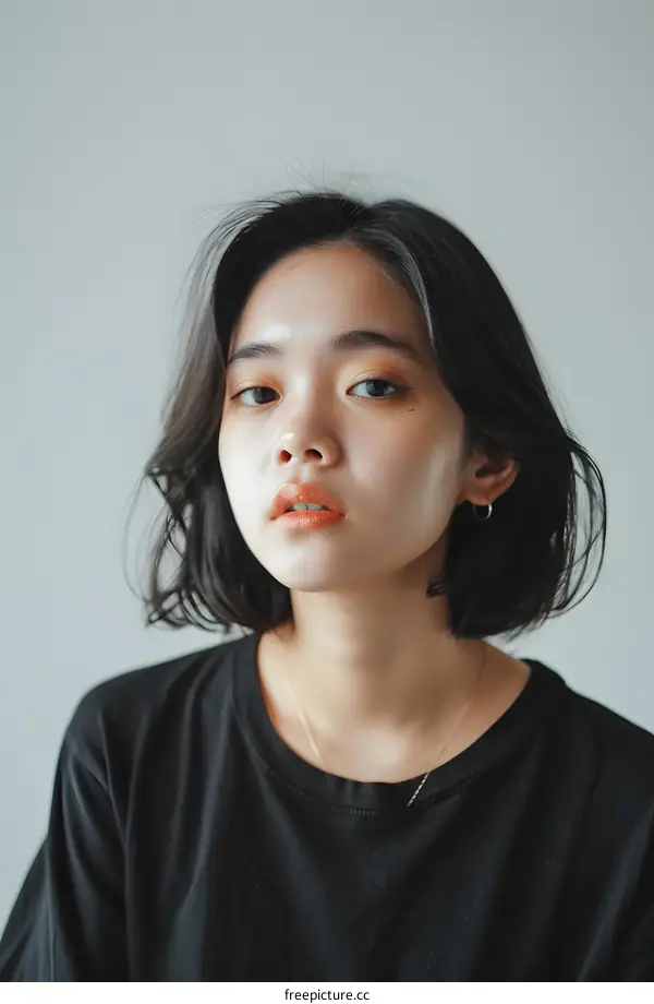 Portrait of a Young Asian Woman with Short Black Hair