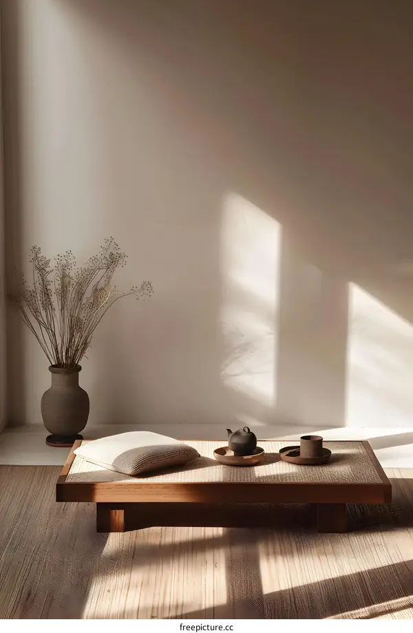 Minimalist Japanese Style Interior Design With Wooden Platform Bed and Dried Flowers