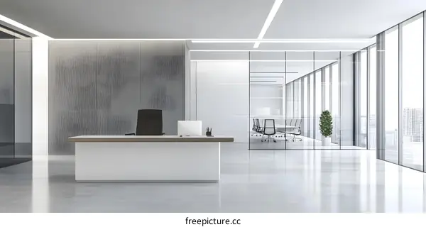 Modern Office Interior Design with White Desk and Grey Wall