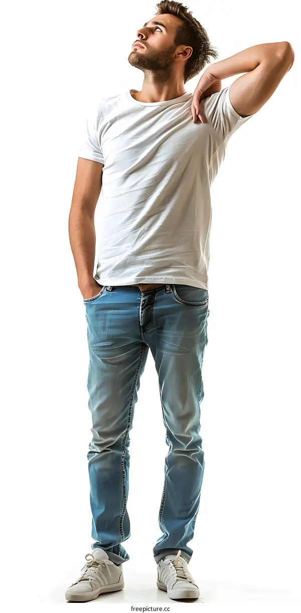 Handsome guy in white shirt and blue jeans posing in the studio