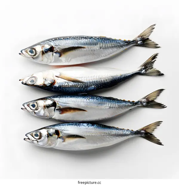Four mackerels on white background