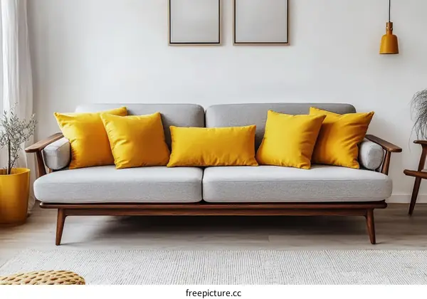 Modern Gray Sofa with Mustard Yellow Pillows