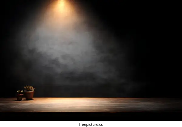 Empty Wooden Tabletop With Plants Against Dark Wall