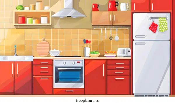 Modern Cartoon Kitchen Interior Design with Red Cabinets and Appliances