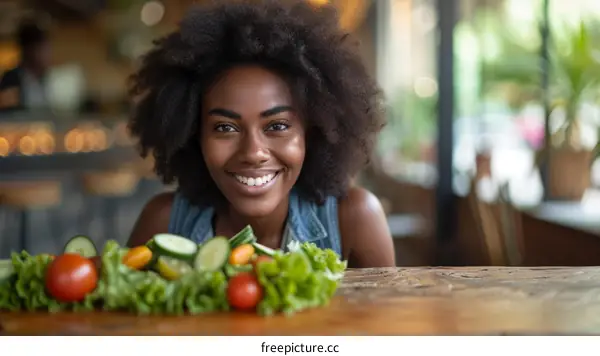 Portrait of a young African-American woman leaning on a table covered with fresh vegetables, smiling at the camera.